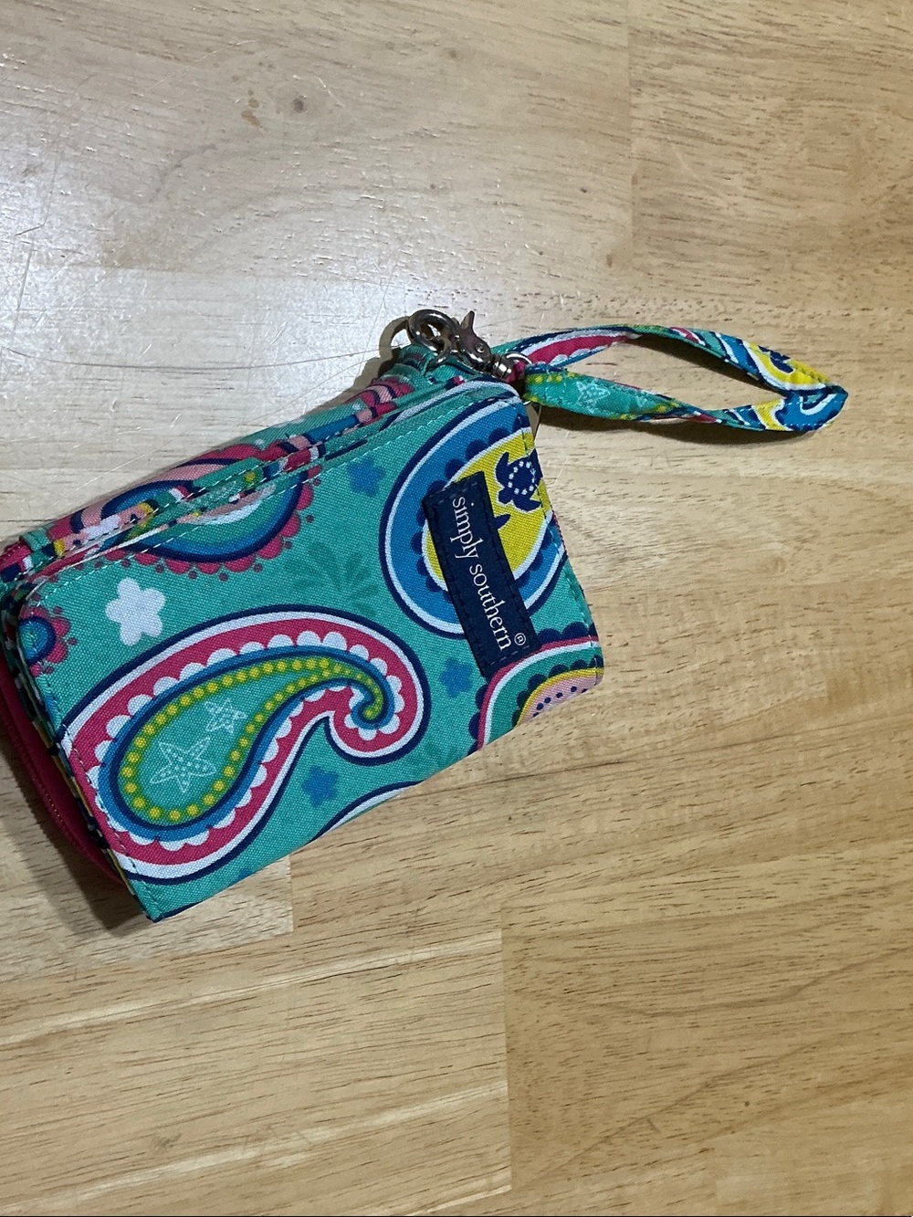 Simply Southern Teal Paisley Wristlet Wallet with Pink & Yellow Accents
